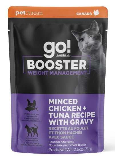 GO BOOSTER WEIGHT MANAGEMENT MINCED CHICKEN AND TUNA WITH GRAVY CAT 2.5OZ