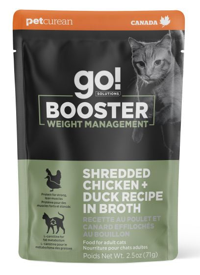 GO BOOSTER WEIGHT MANAGEMENT SHREDDED CHICKEN AND DUCK IN BROTH CAT 2.5OZ